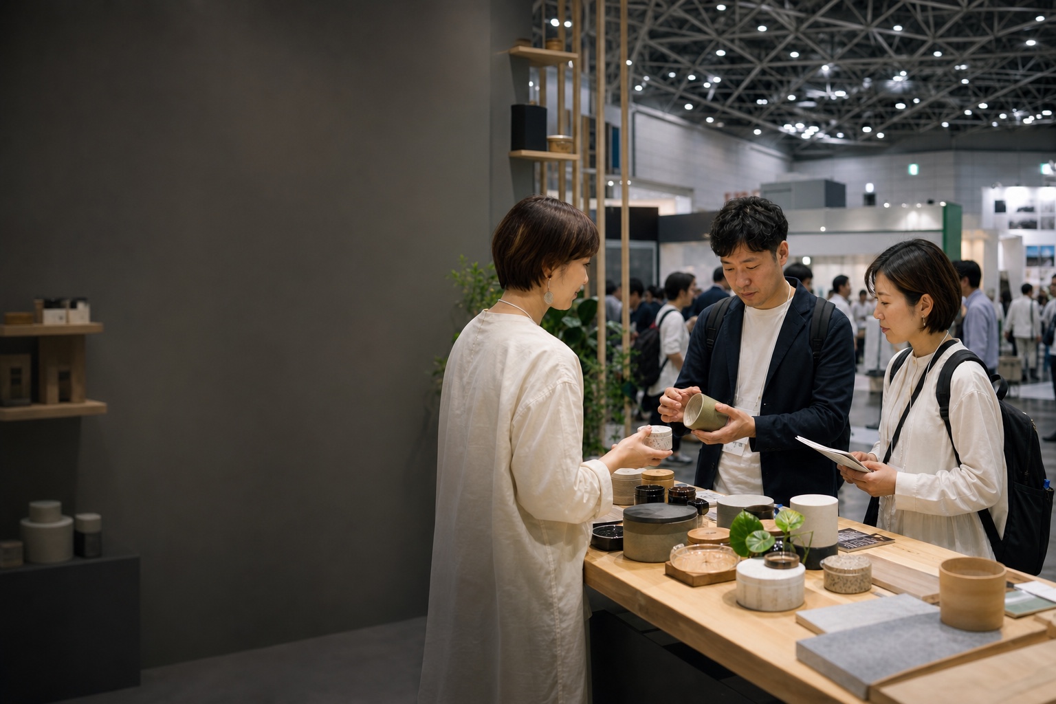 東京ビッグサイト規模の展示会で商品サンプルを確認する仕入れ担当者