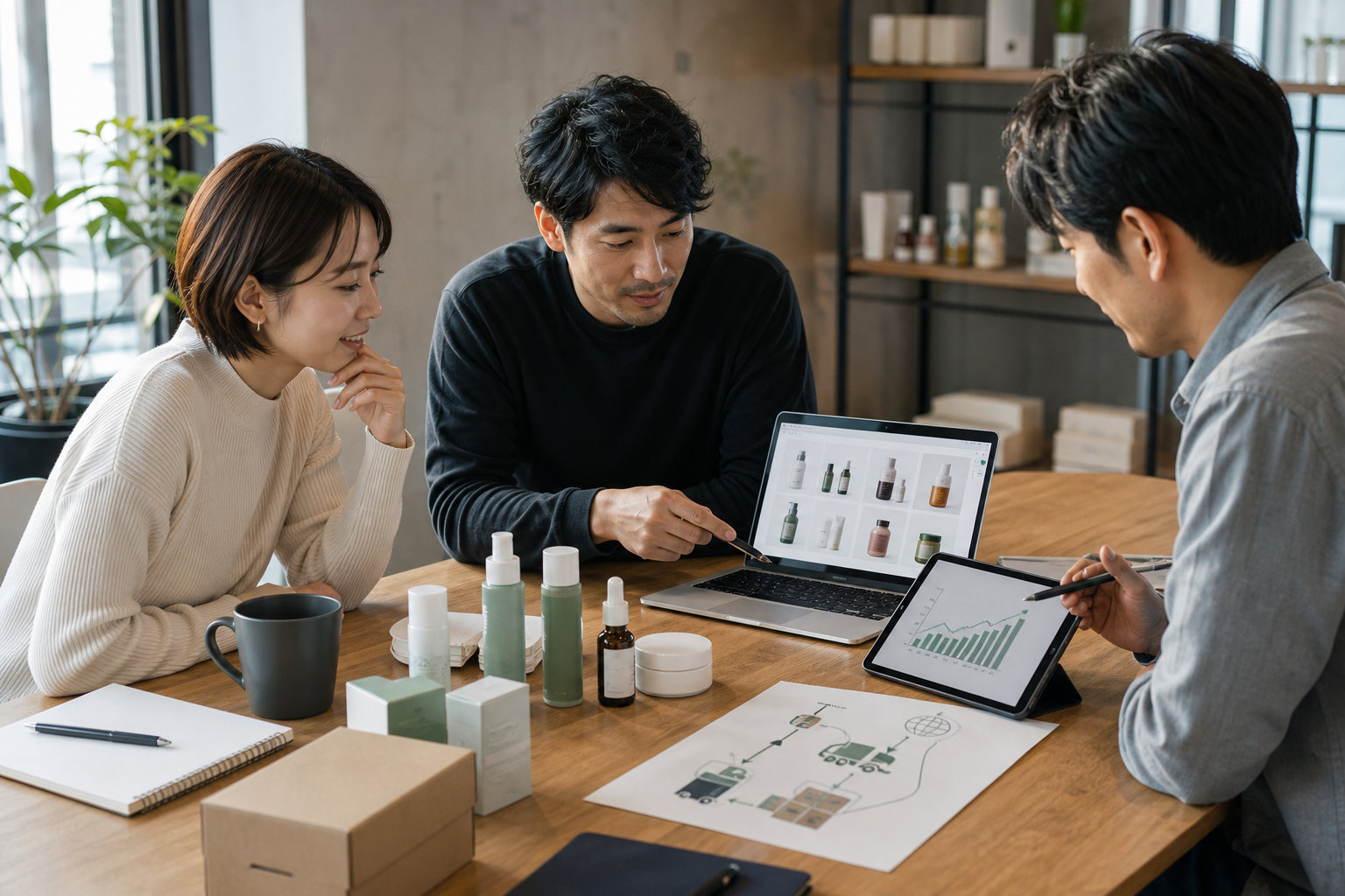 商品と販路の拡大について話し合うチーム